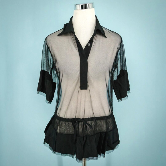 Adam Selman Size Medium M Black Mesh Button Ruffle Layered Short Sleeve Top - Picture 1 of 7
